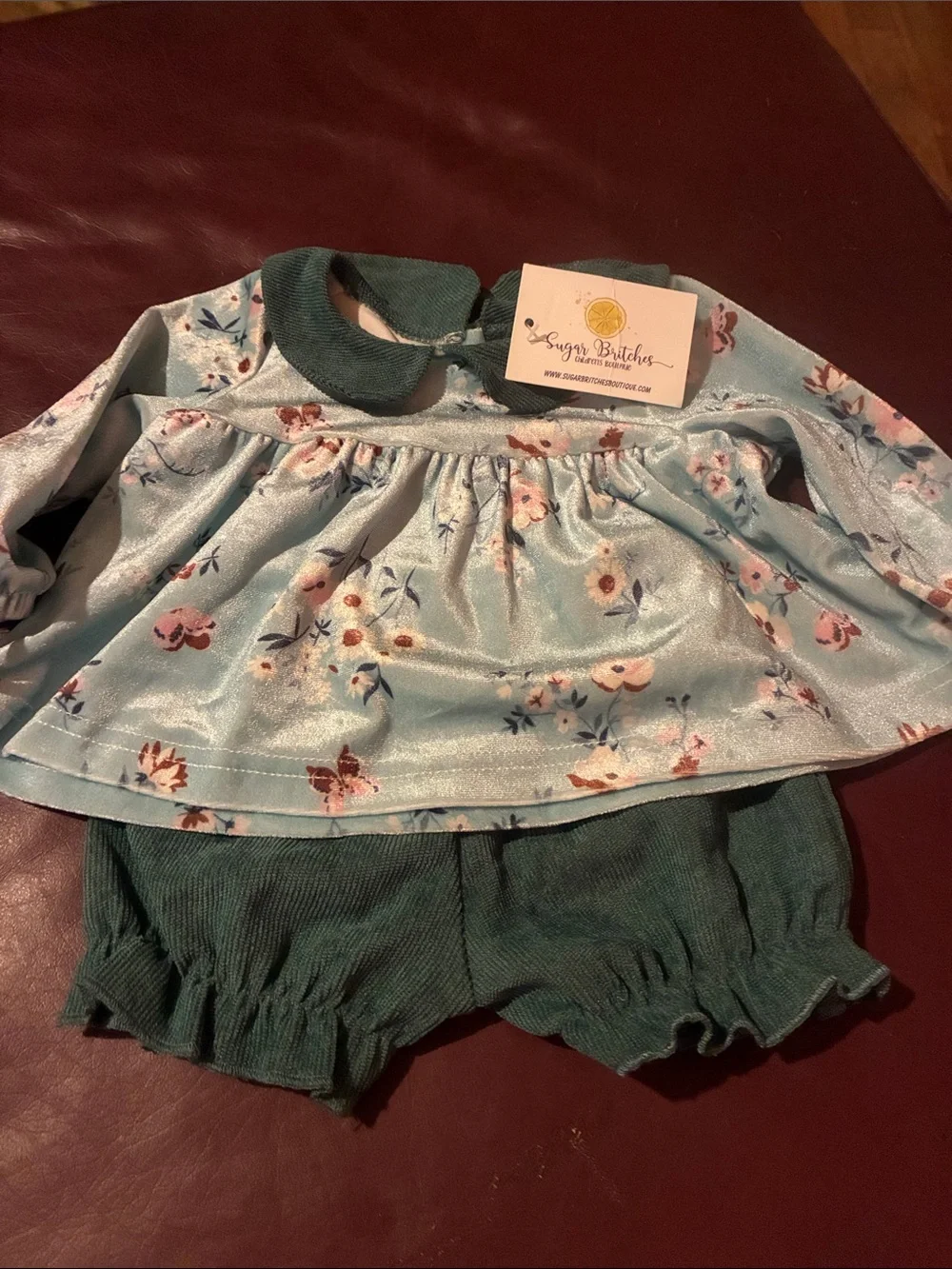 Girls Floral Blue Velvet Matching Set with Green Trim